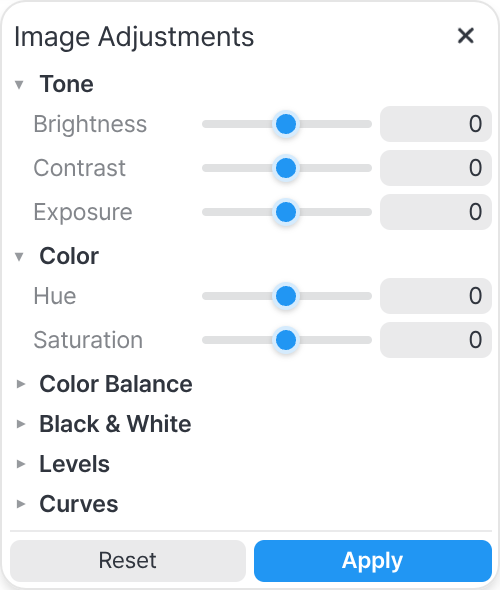 The SSHOW image-adjustment panel — brightness, contrast, exposure, hue, saturation, levels, and curves.