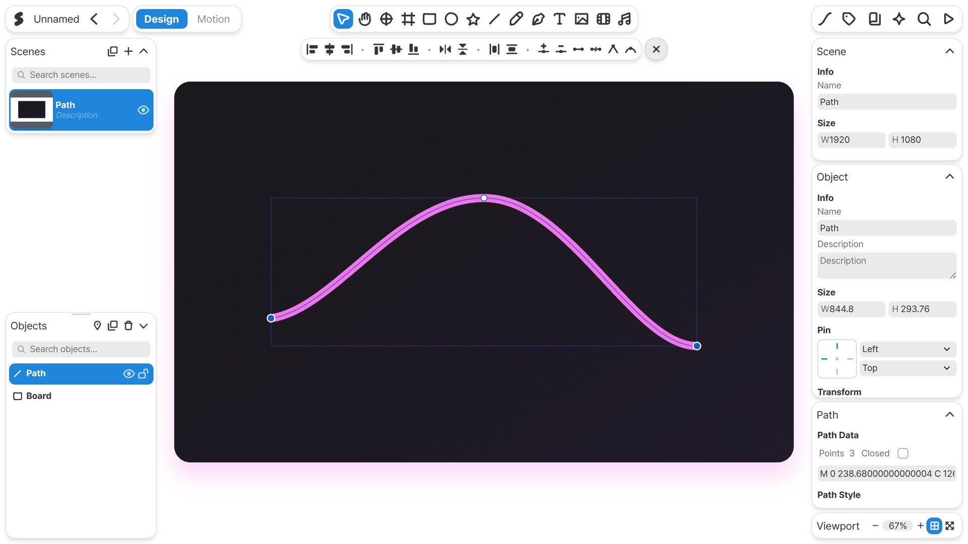 Editing a vector path's anchors and control handles in SSHOW Studio