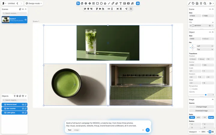 The AI panel in the SSHOW editor with three photos and a short request