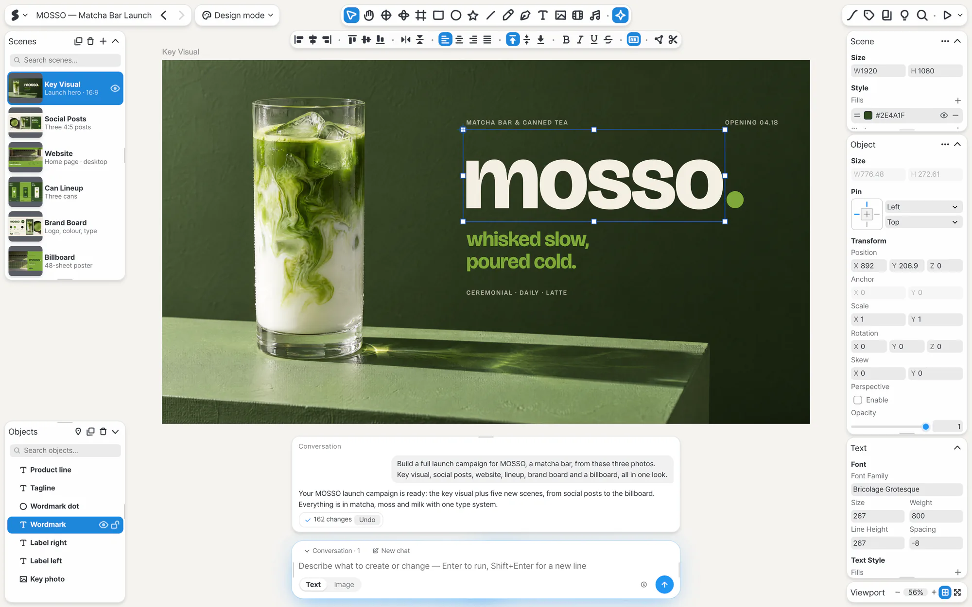 The MOSSO launch campaign the AI made: six scenes, 162 changes and an Undo button