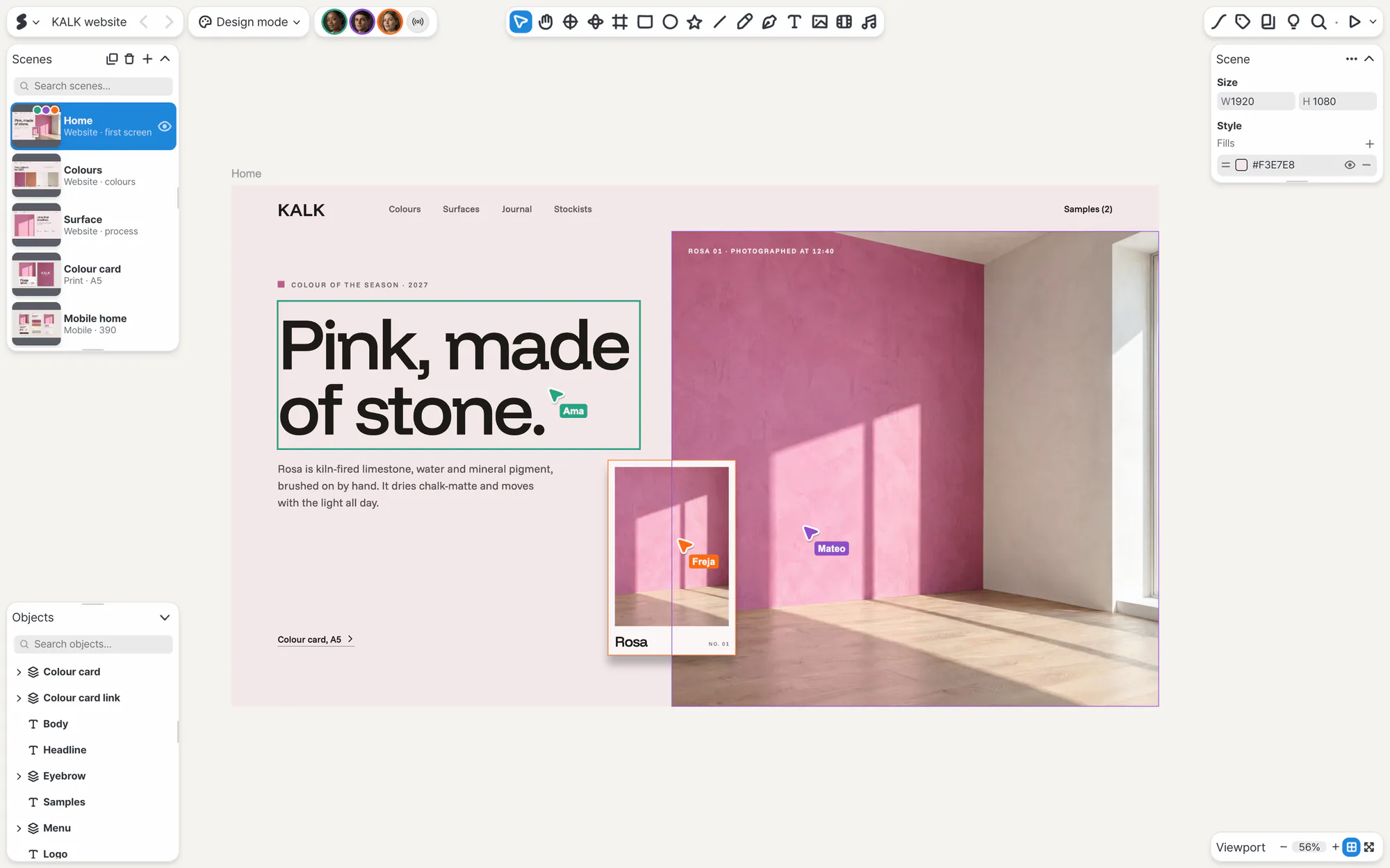 The SSHOW editor with Ama, Freja and Mateo editing the KALK brand site together