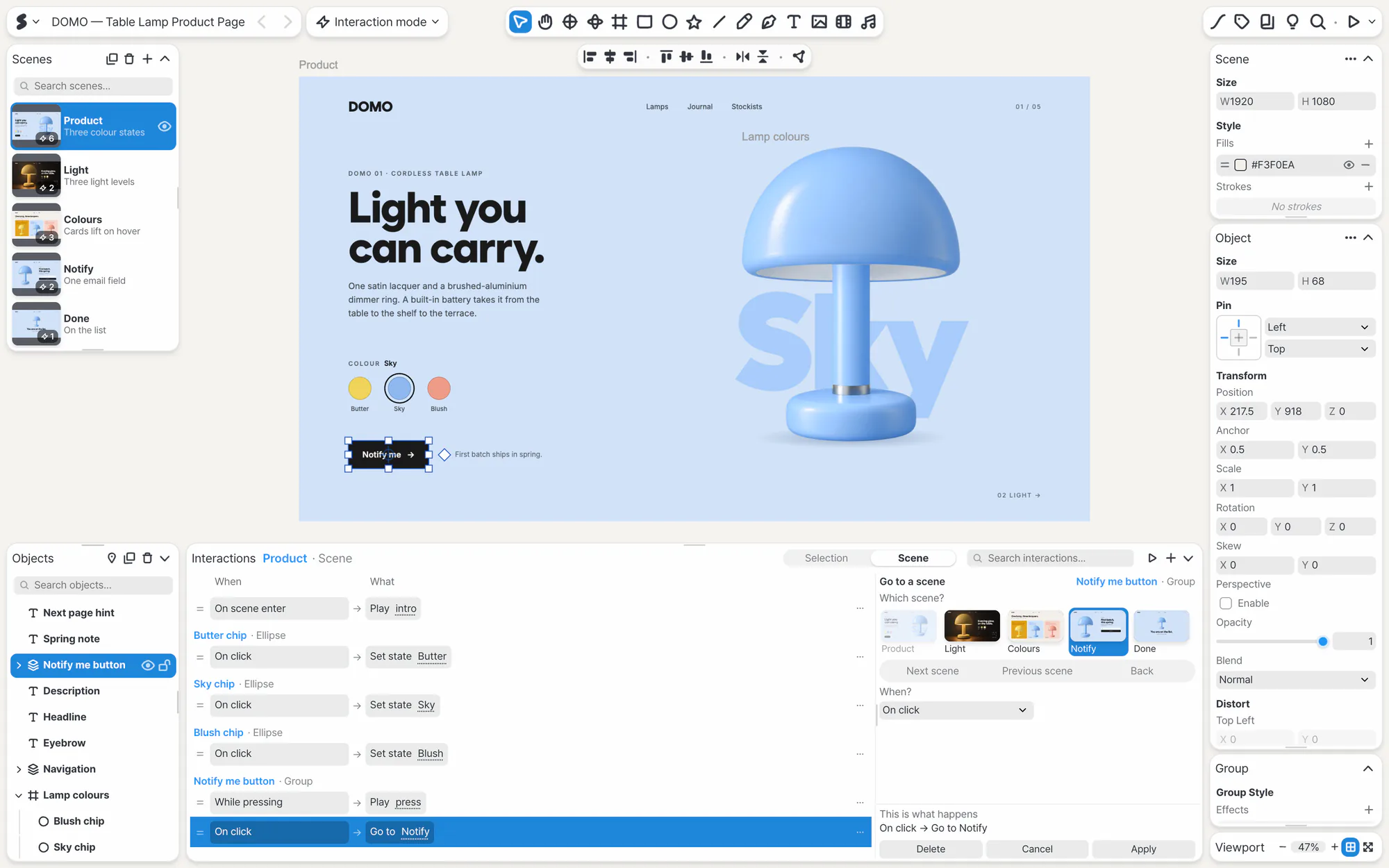 Interaction mode: choosing the rules that change the colour of the DOMO lamp