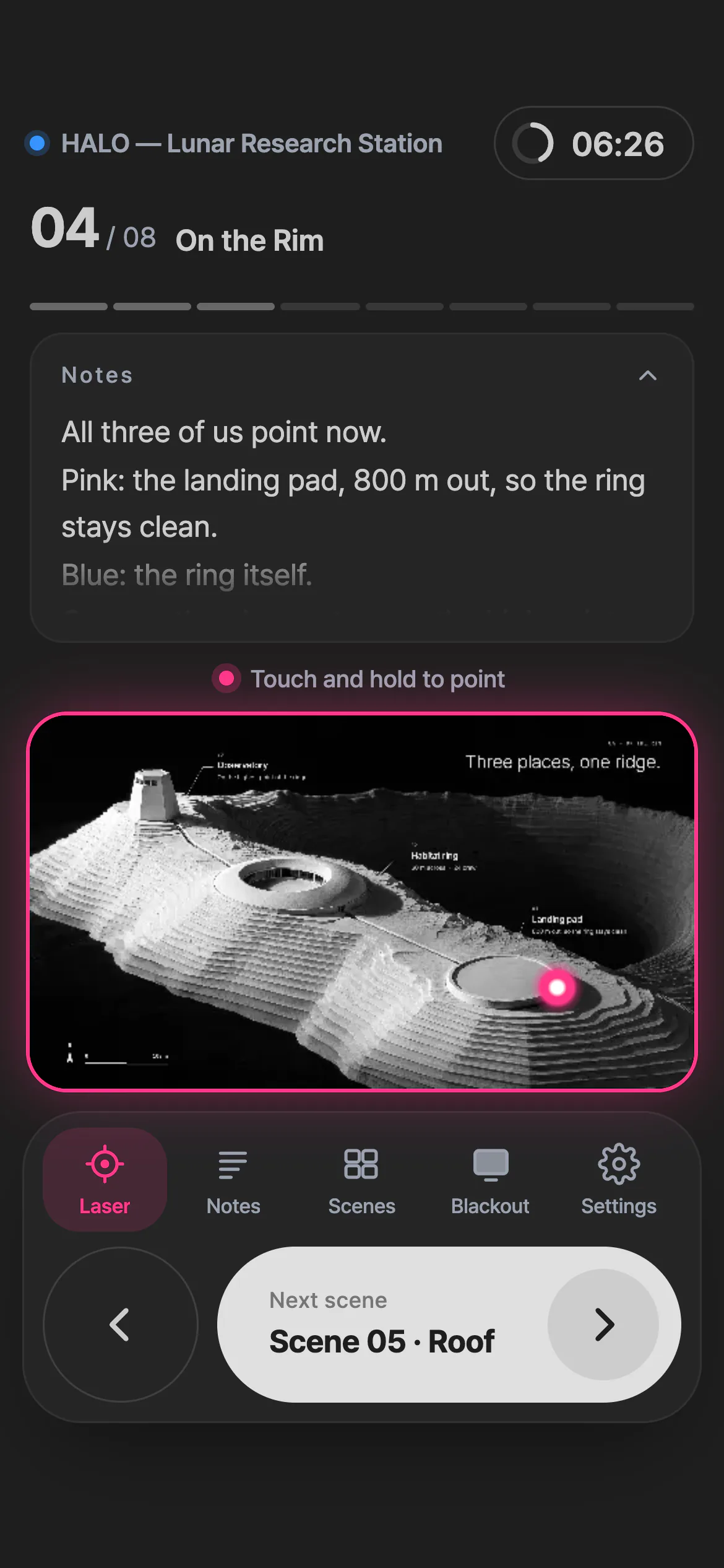 Phone remote with presenter notes, the laser, and the previous and next scene buttons