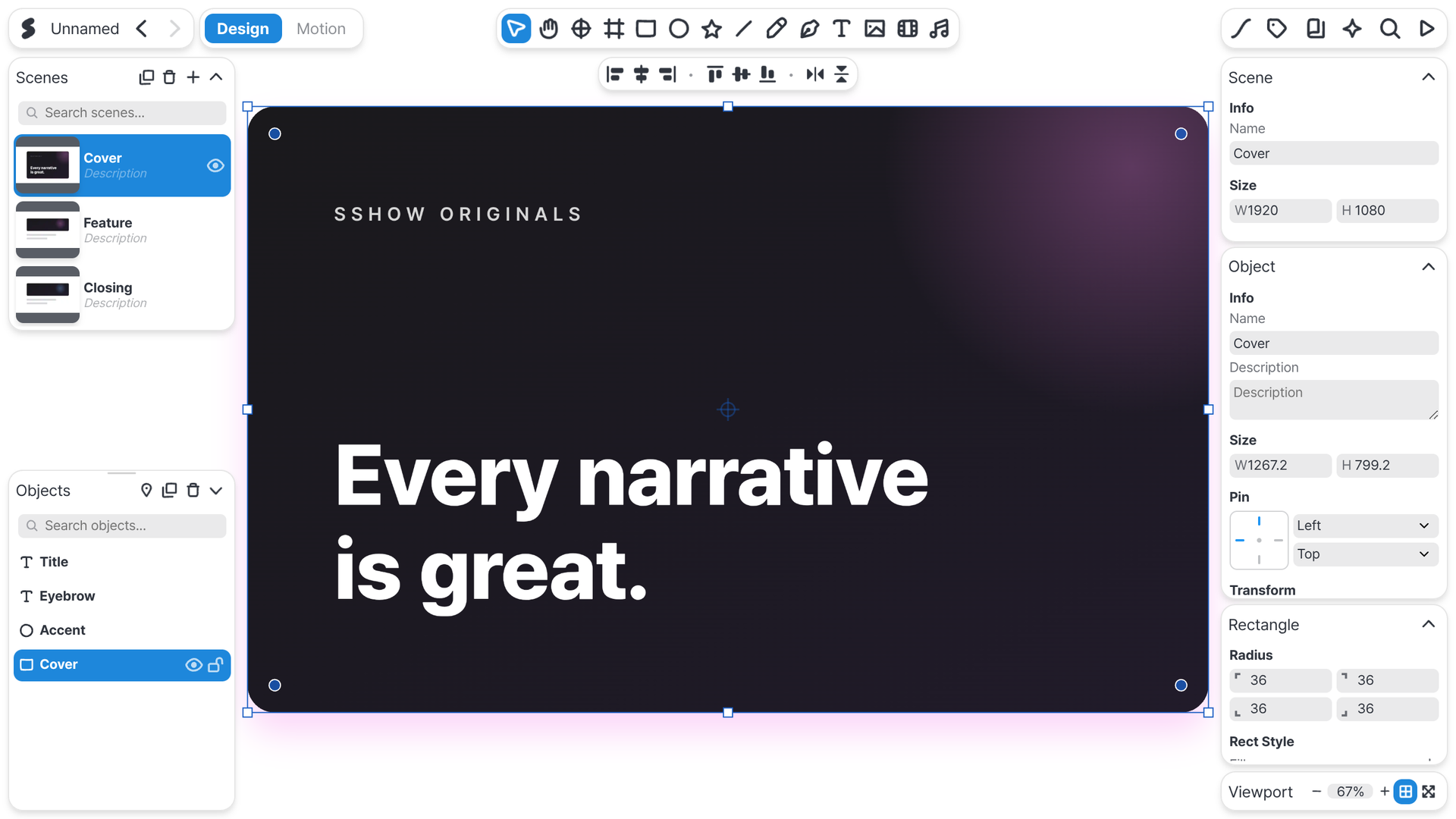 The SSHOW editor — a cover design on the canvas beside the scene list and property panels