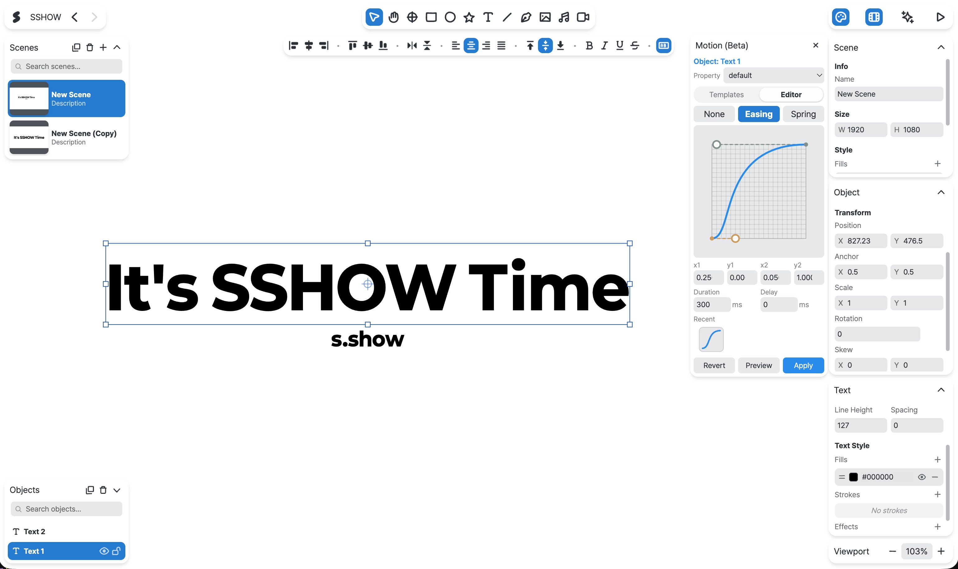 The SSHOW editor with the toolbar on top, the Scenes and Objects panels on the left, the canvas in the center, and the inspector on the right.